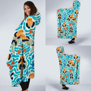 Cute Sea Otters Fishe Sea Urchin Pattern Hooded Blanket