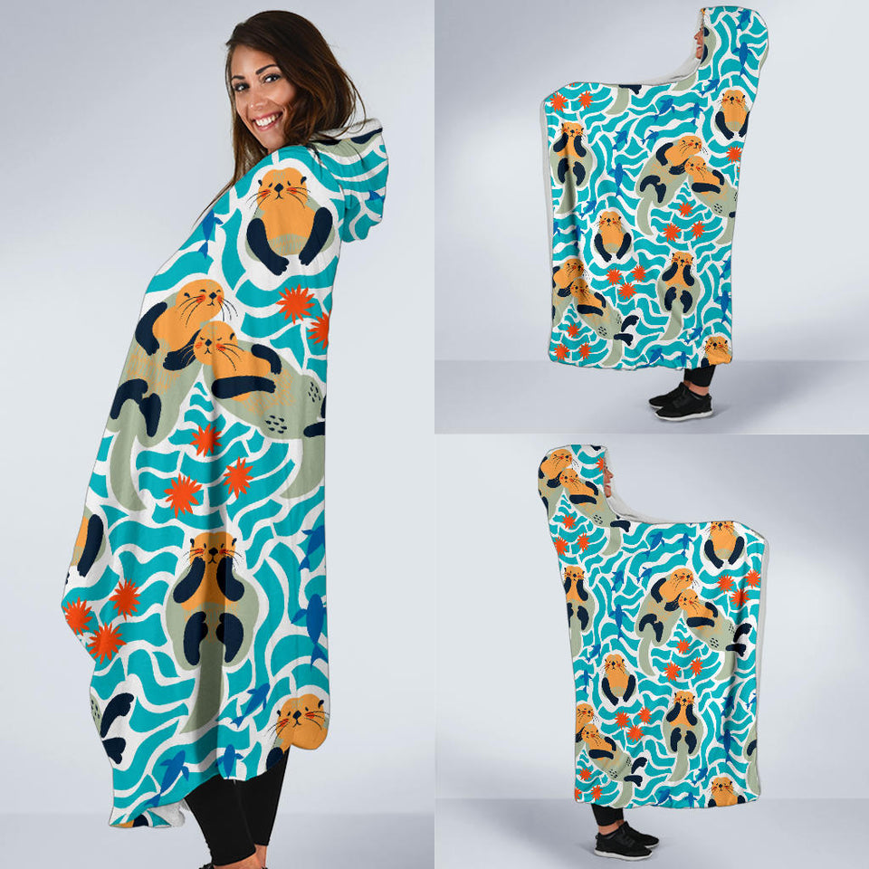 Cute Sea Otters Fishe Sea Urchin Pattern Hooded Blanket