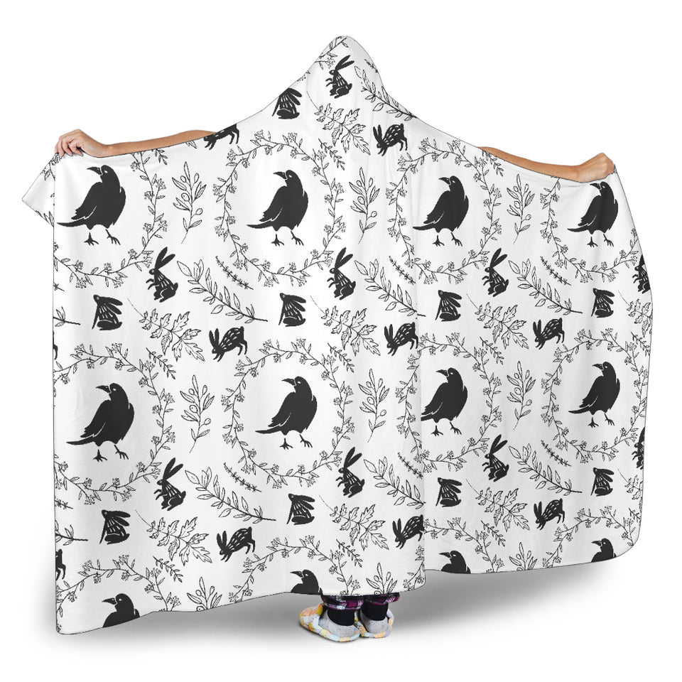 Crows Floral Wreath Rabbit Pattern Hooded Blanket
