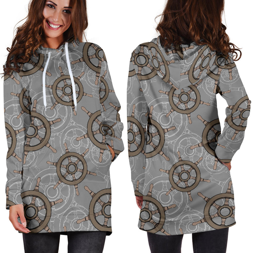 Nautical Wood Steering Wheel Pattern Women'S Hoodie Dress