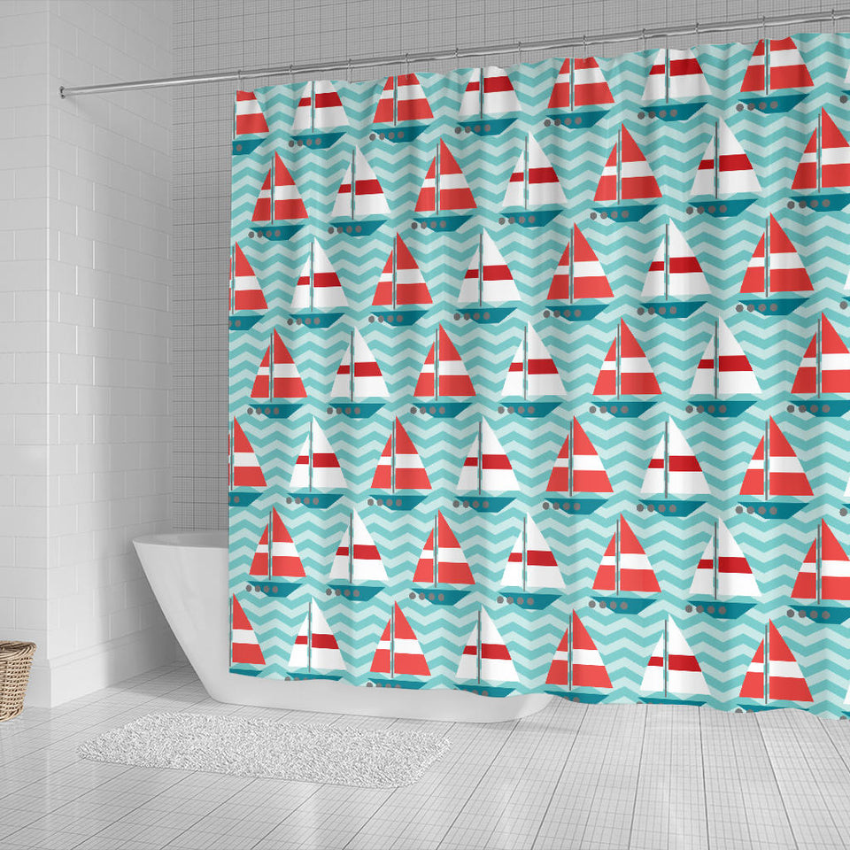 Red White Sailboat Wave Background Shower Curtain Fulfilled In US