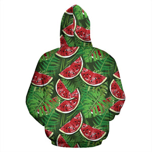 Watermelons Tropical Palm Leaves Pattern Background Men Women Pullover Hoodie