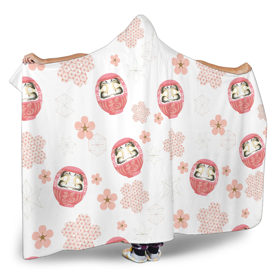 Daruma Japanese Wooden Doll Cherry Blossom Flower Pattern Hooded Blanket