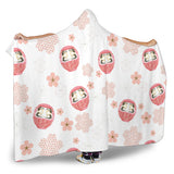 Daruma Japanese Wooden Doll Cherry Blossom Flower Pattern Hooded Blanket