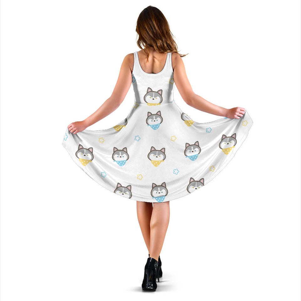Cute Siberian Husky Pattern Sleeveless Midi Dress
