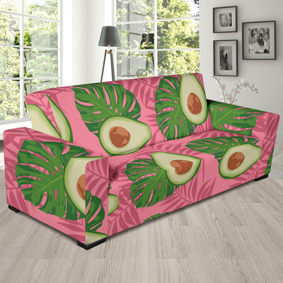Avocado Slices Leaves Pink Back Ground Sofa Slipcover