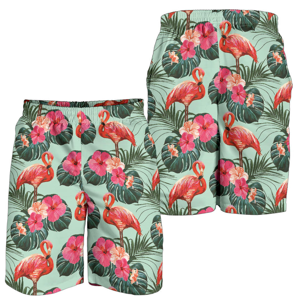 Beautiful Flamingo Tropical Palm Leaves Hibiscus Pateern Background Men Shorts