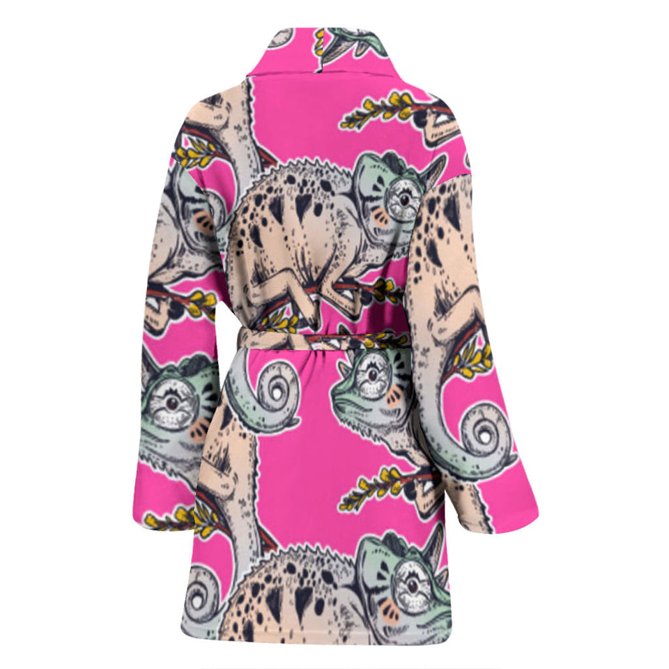 Chameleon Lizard Pattern Pink Background Women'S Bathrobe