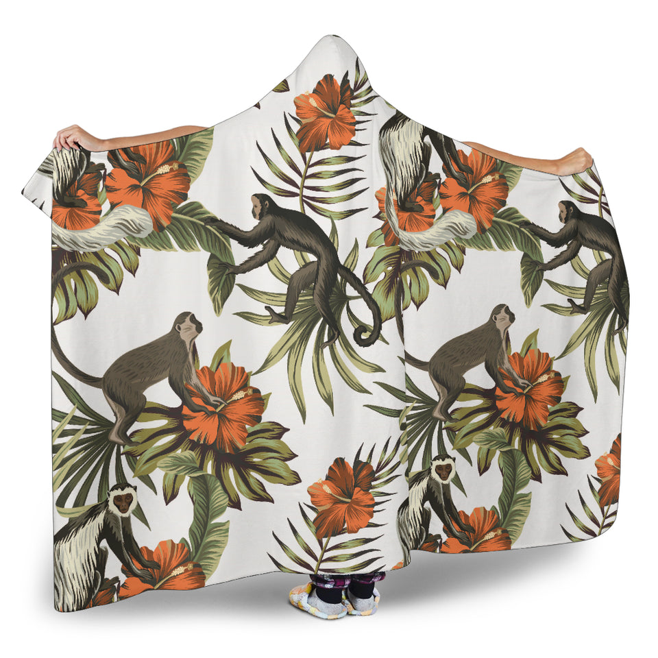 Monkey Red Hibiscus Flower Palm Leaves Floral Pattern Hooded Blanket