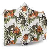 Monkey Red Hibiscus Flower Palm Leaves Floral Pattern Hooded Blanket