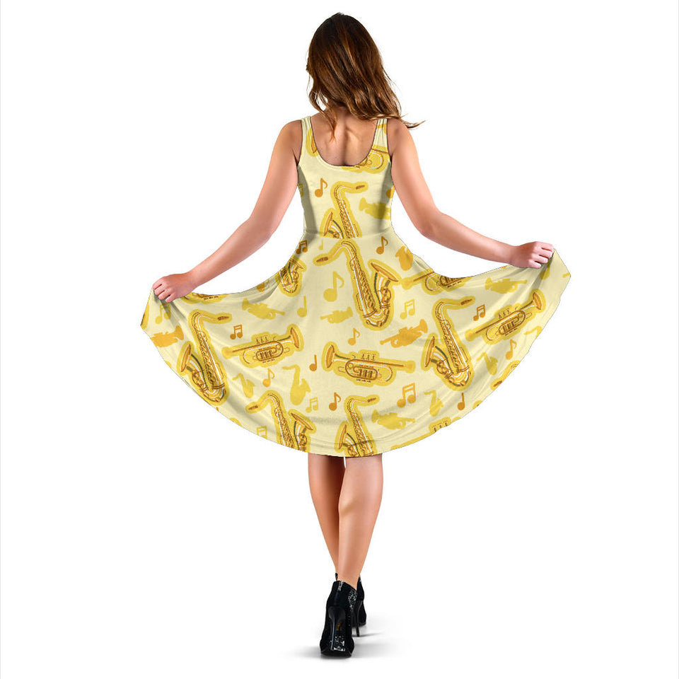 Saxophone Cornet Pattern Yellow Background Sleeveless Midi Dress
