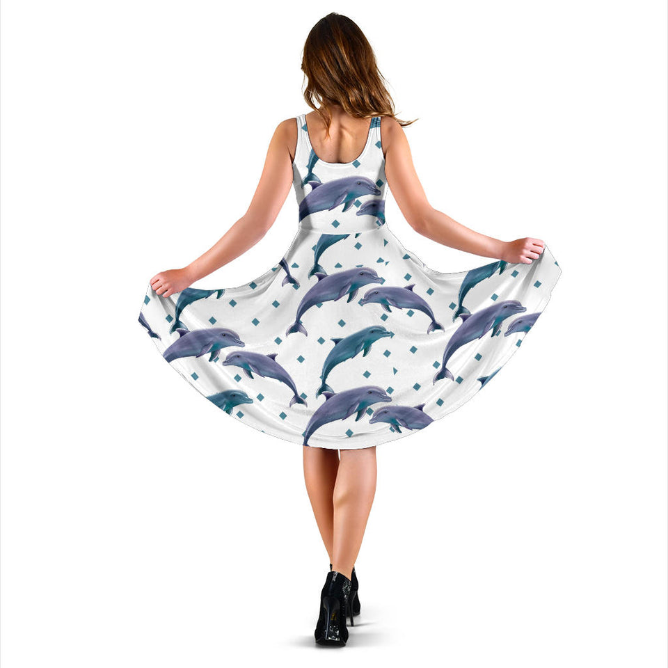 Dolphins Pattern Dotted Background Sleeveless Midi Dress