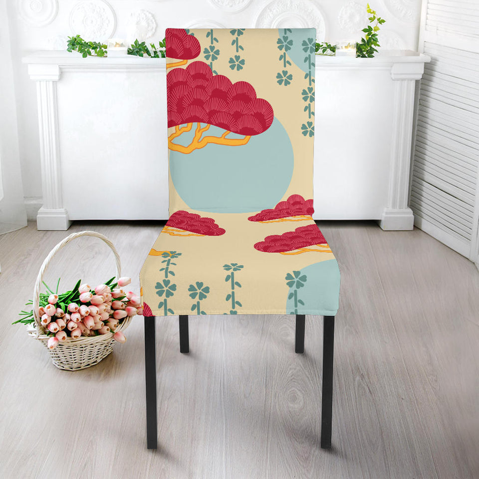 Red Bonsai Gray Sun Japanese Pattern Dining Chair Slipcover