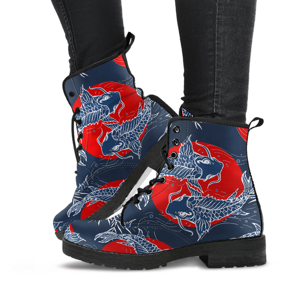 Koi Fish Carp Fishs Hand Drawn Japanese Art Leather Boots