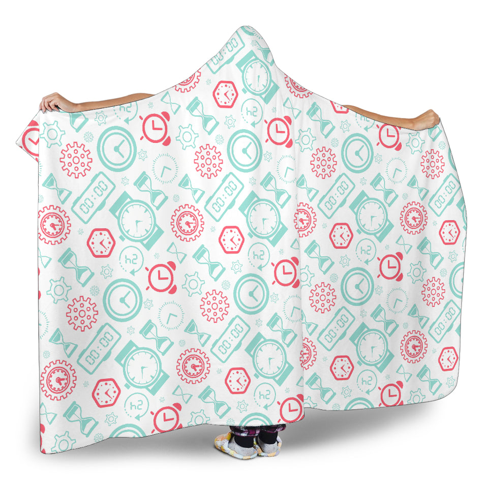 Clock Time Pattern Blackground Hooded Blanket
