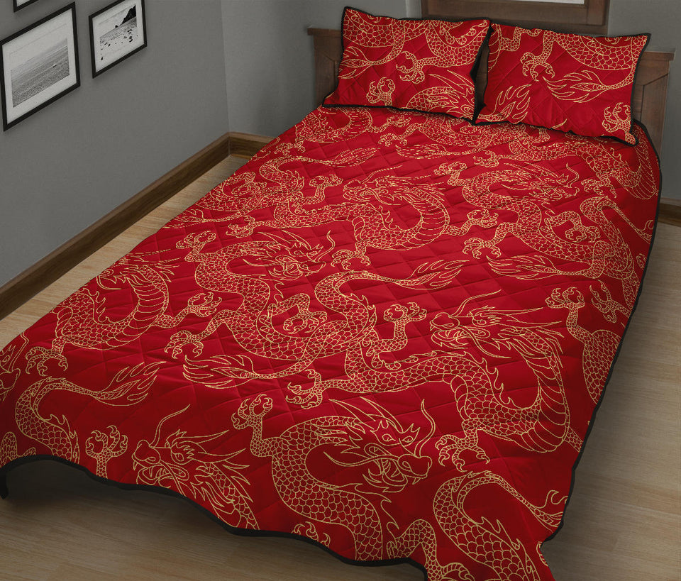 Gold dragons red background Quilt Bed Set