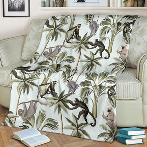 Monkey Sloth Lemur Palm Trees Pattern Premium Blanket