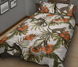 Monkey red hibiscus flower palm leaves floral pattern Quilt Bed Set