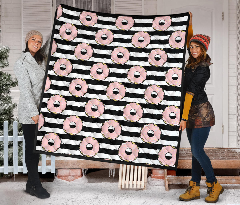 Donuts Pink Icing Striped Pattern Premium Quilt