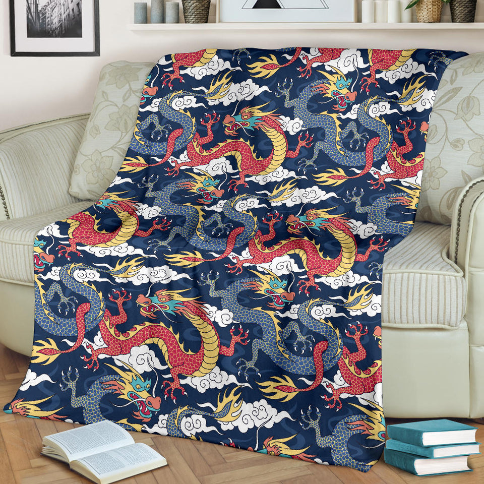 Blue Red Dragon Cloud Pattern Premium Blanket
