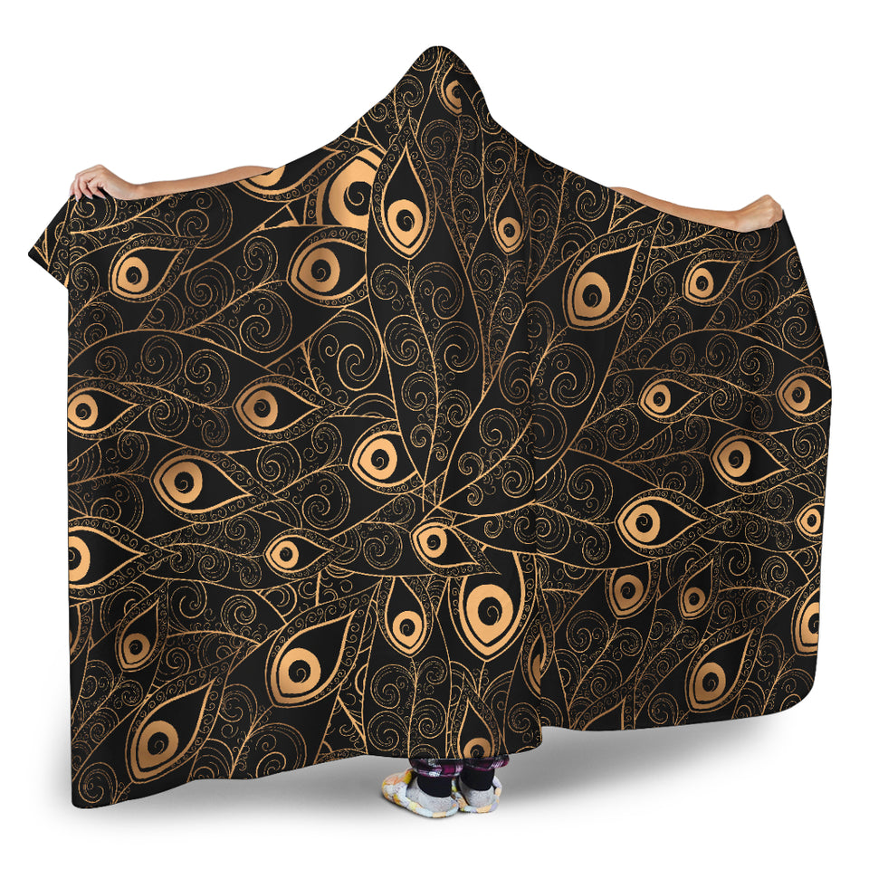 Gold Peacock Feather Pattern Hooded Blanket