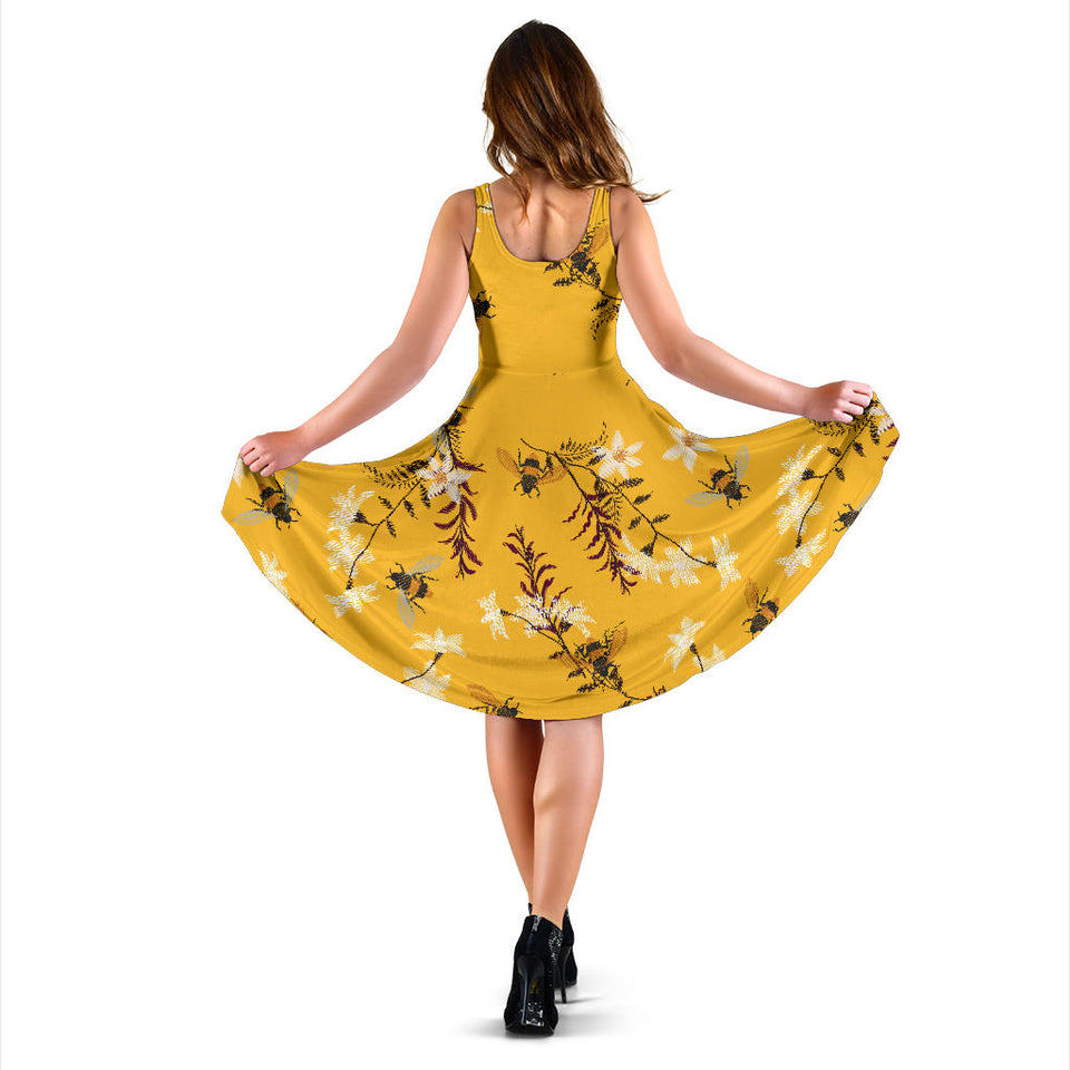 Bee Flower Pattern Sleeveless Midi Dress