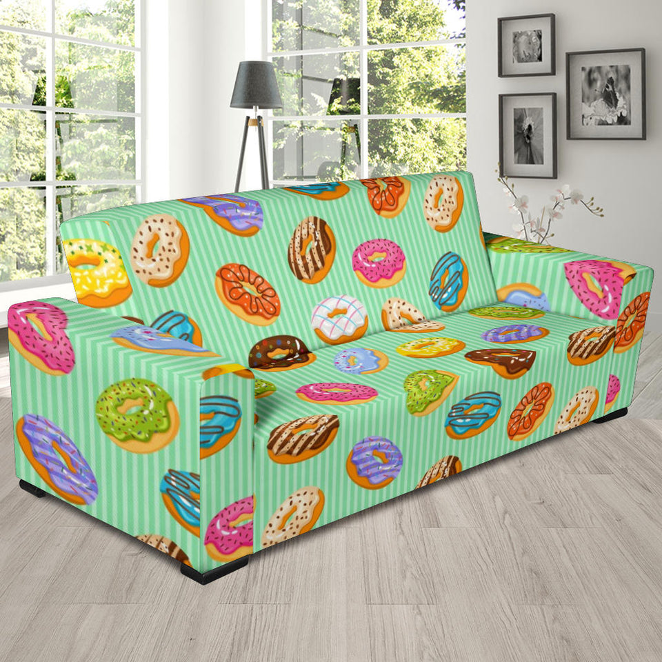 Colorful Donut Pattern Green Background Sofa Slipcover