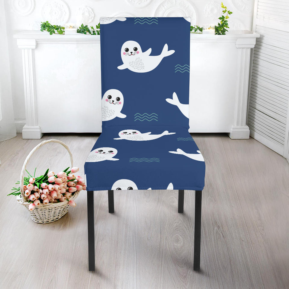 Cute White Baby Sea Lion Seal Pattern Dining Chair Slipcover
