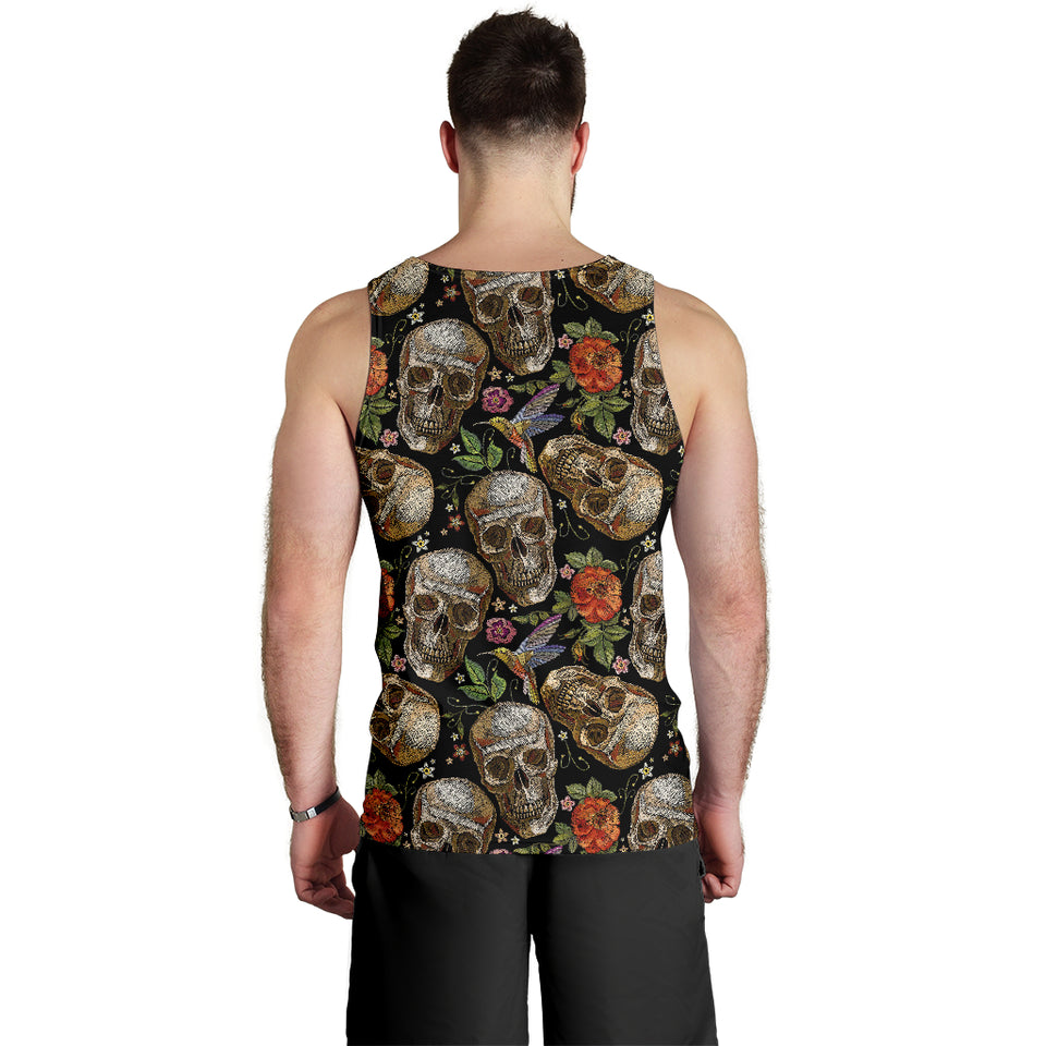 Skull rose humming bird flower pattern Men Tank Top