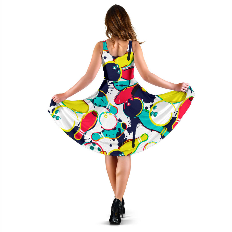 Watercolor Bowling Ball Pins Sleeveless Midi Dress