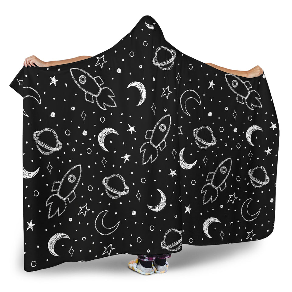 Hand Drawn Space Rocket Star Planet Hooded Blanket