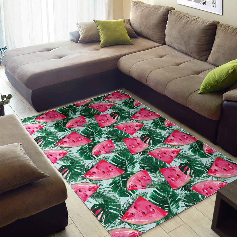 Watermelons Tropical Palm Leaves Pattern Area Rug