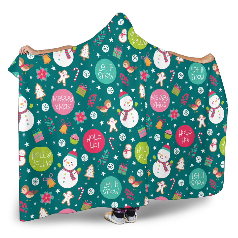 Snowman Bird Decorative Elements Christmas Pattern Hooded Blanket