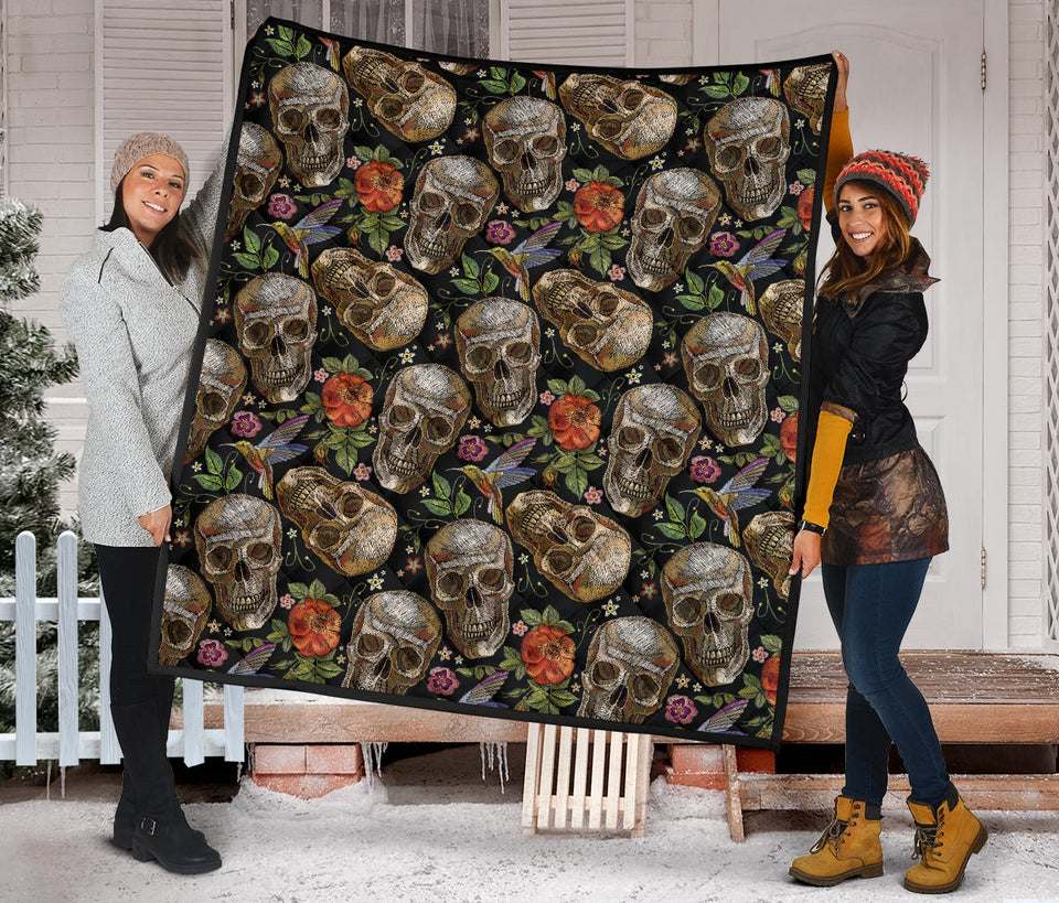 Skull Rose Humming Bird Flower Pattern Premium Quilt.