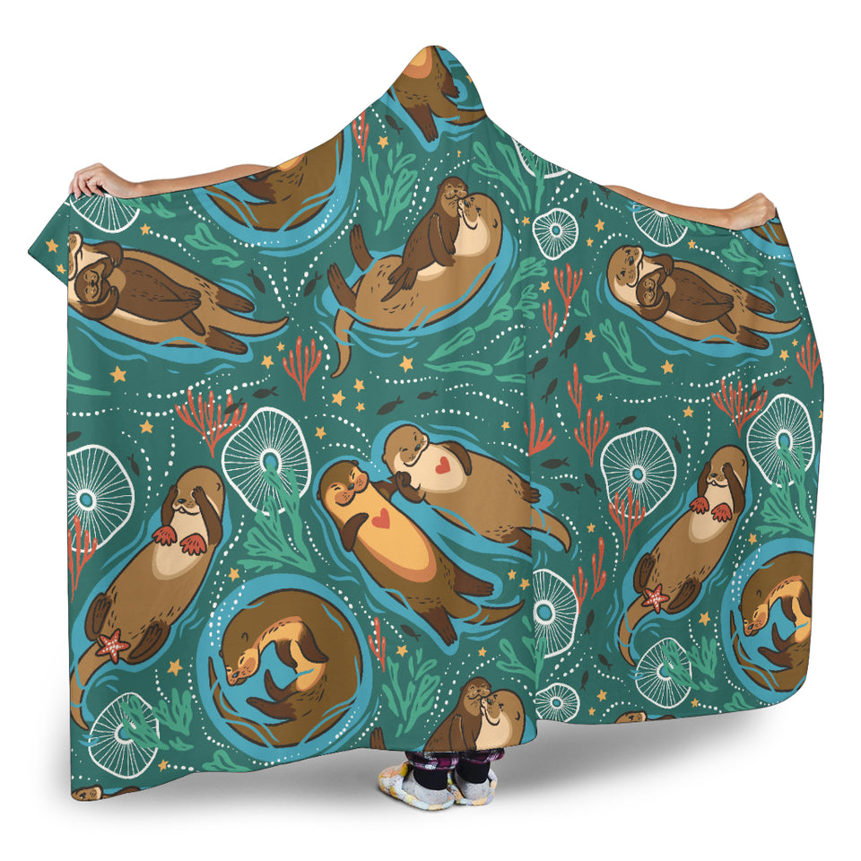 Cute Brown Sea Otters Ornamental Seaweed Corals Green Water Hooded Blanket