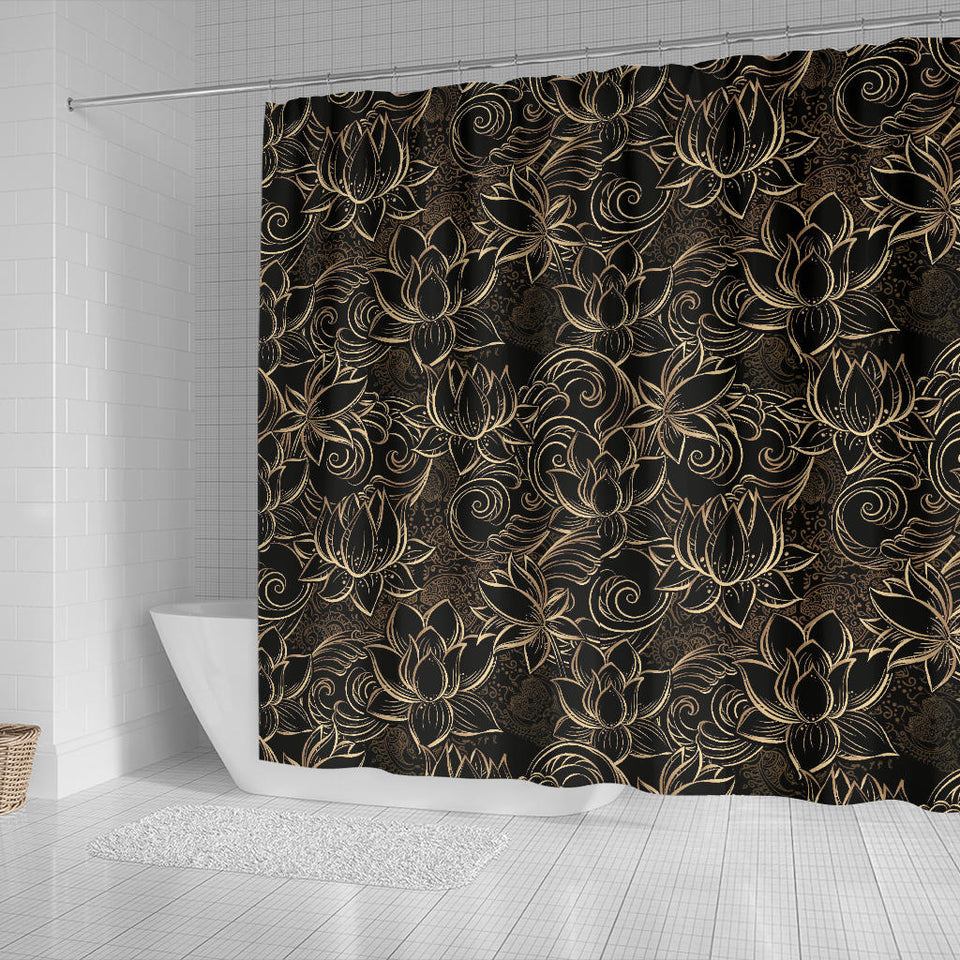 Luxurious Gold Lotus Waterlily Black Background Shower Curtain Fulfilled In US