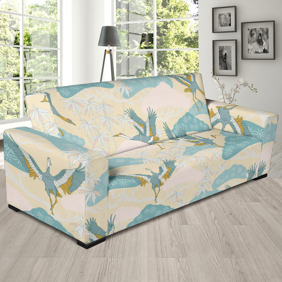 Bonsai Bamboo Stork Japanese Pattern Cream Theme Sofa Slipcover