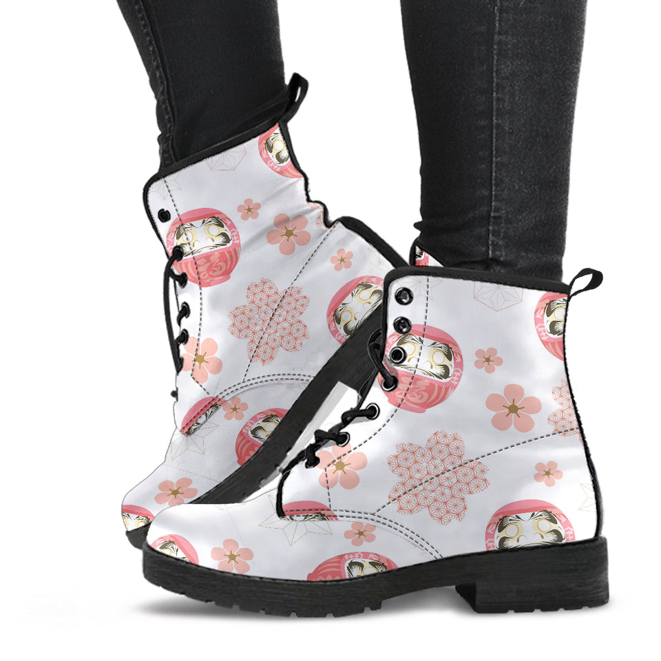 Daruma Japanese Wooden Doll Cherry Blossom Flower Pattern Leather Boots
