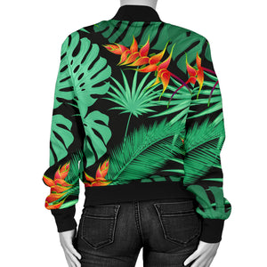 Heliconia Flower Palm Monstera Leaves Black Background Women'S Bomber Jacket