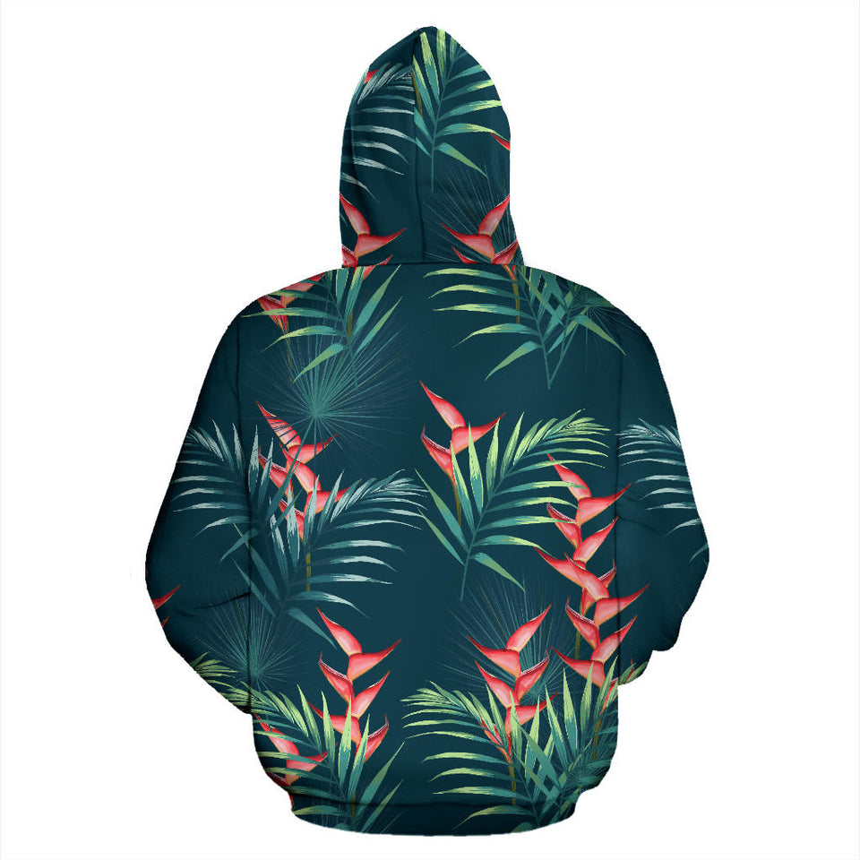 Heliconia Flowers, Palm And Monstera Leaves On Black Background Pattern Men Women Pullover Hoodie