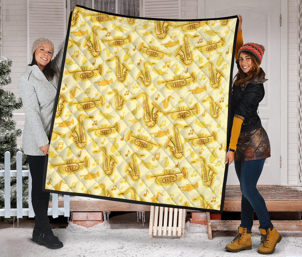 Saxophone Cornet Pattern Yellow Background Premium Quilt