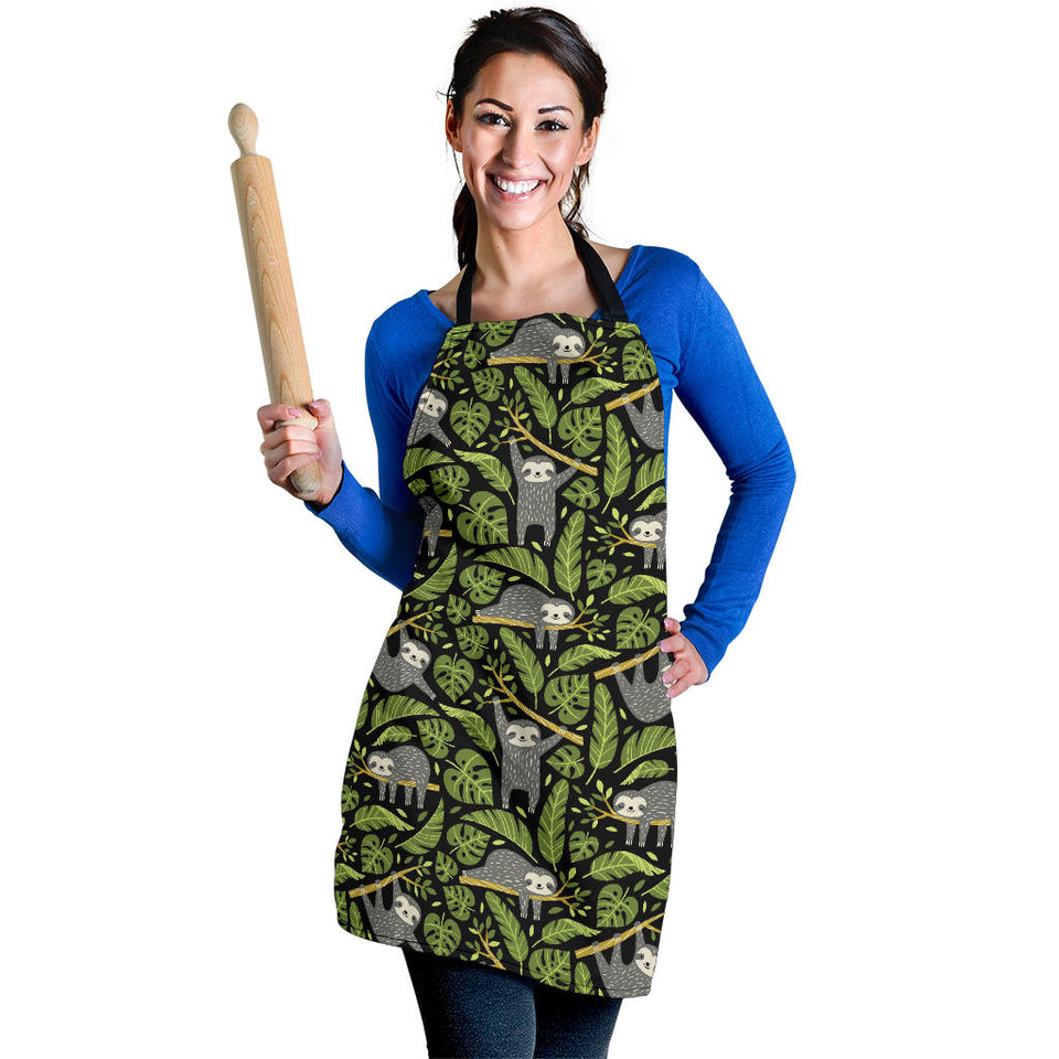 Cute Sloths Tropical Palm Leaves Black Background Adjustable Apron