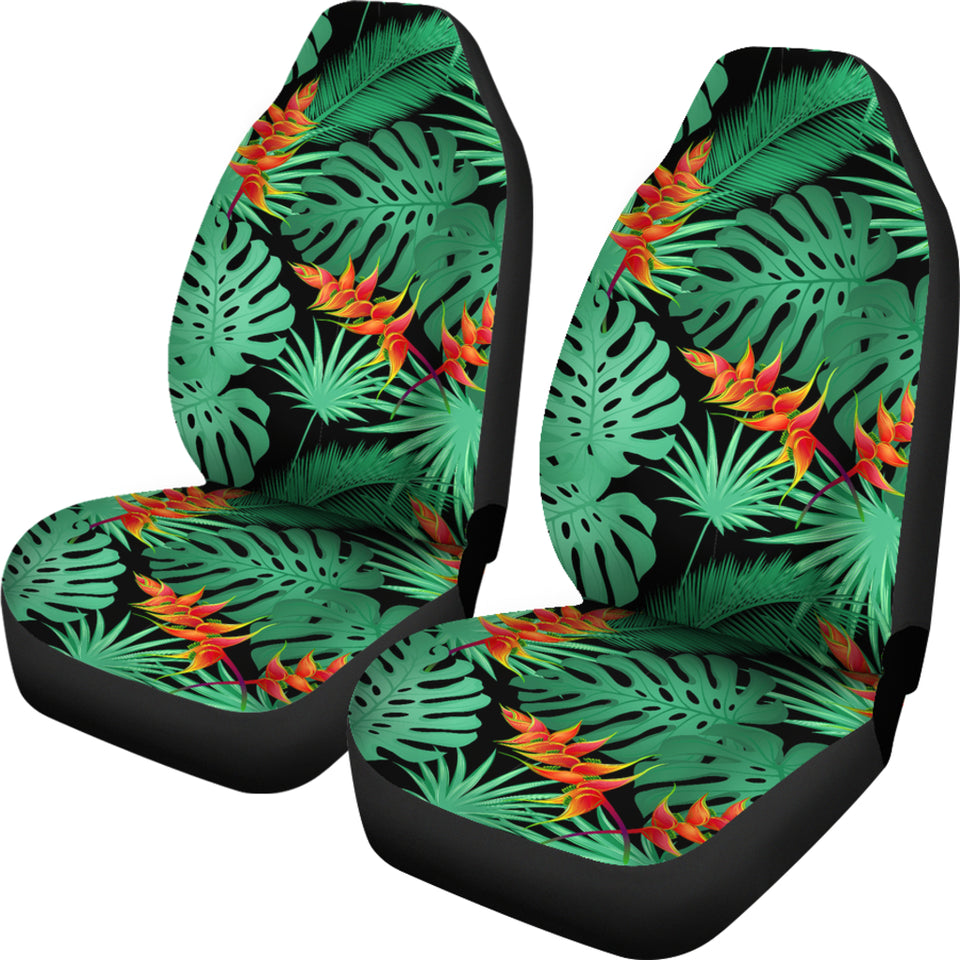 Heliconia Flower Palm Monstera Leaves Black Background Universal Fit Car Seat Covers
