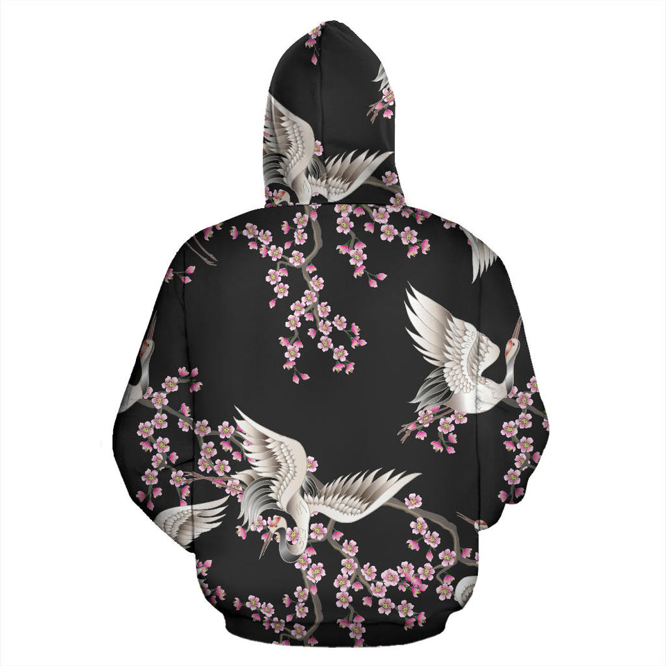 Japanese Crane Pink Sakura Pattern Men Women Pullover Hoodie