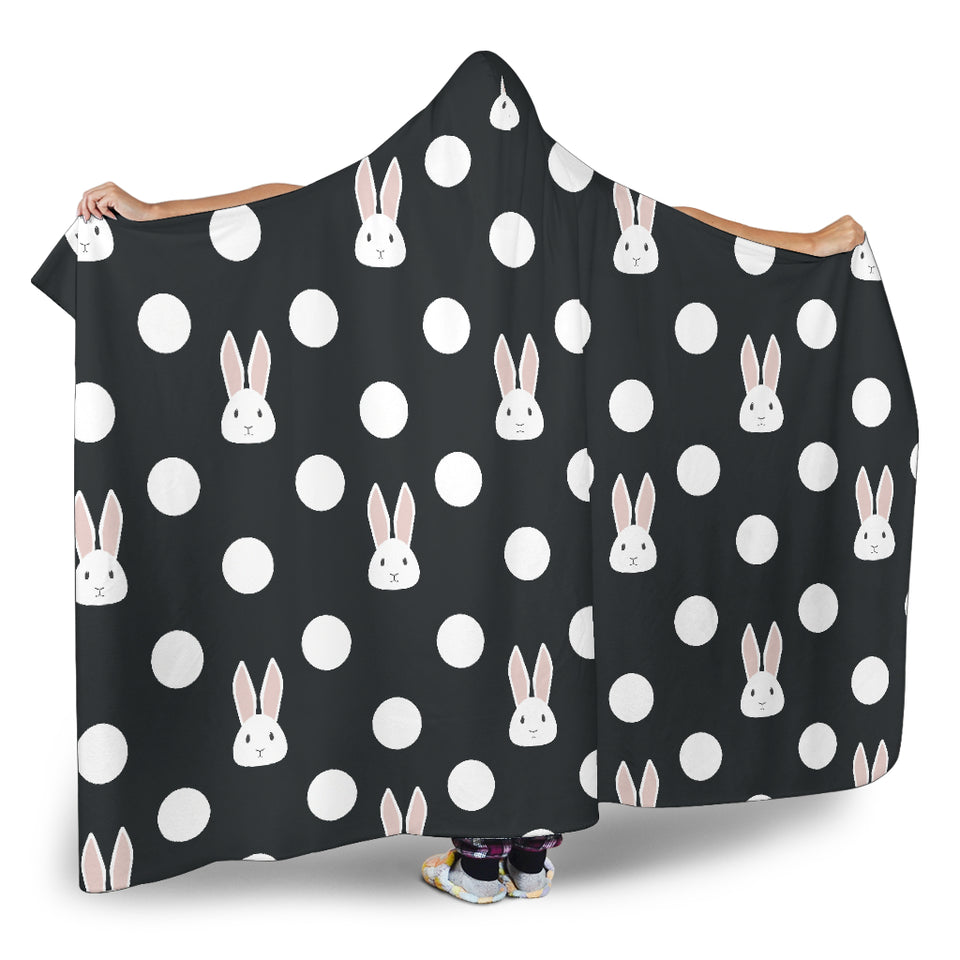 Cute White Rabbit Polka Dots Black Background Hooded Blanket