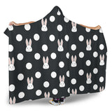Cute White Rabbit Polka Dots Black Background Hooded Blanket