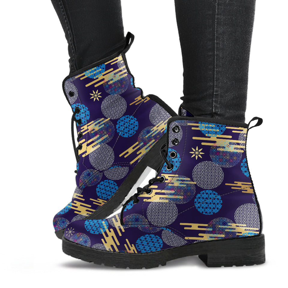 Blue Japanese Pattern Cloud Wave Flower Leather Boots
