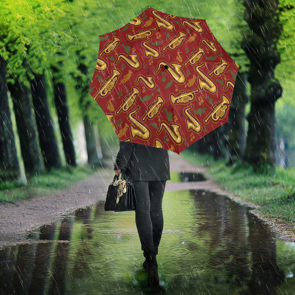 Saxophone Cornet Pattern Red Background Umbrella