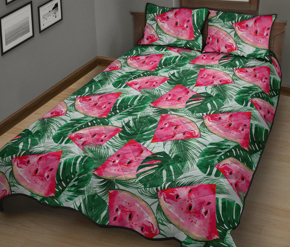 Watermelons tropical palm leaves pattern Quilt Bed Set