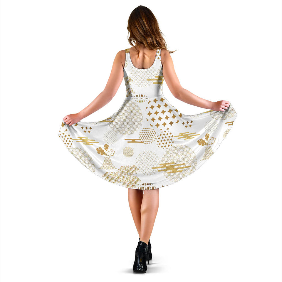 Beautiful Gold Japanese Pattern Sleeveless Midi Dress